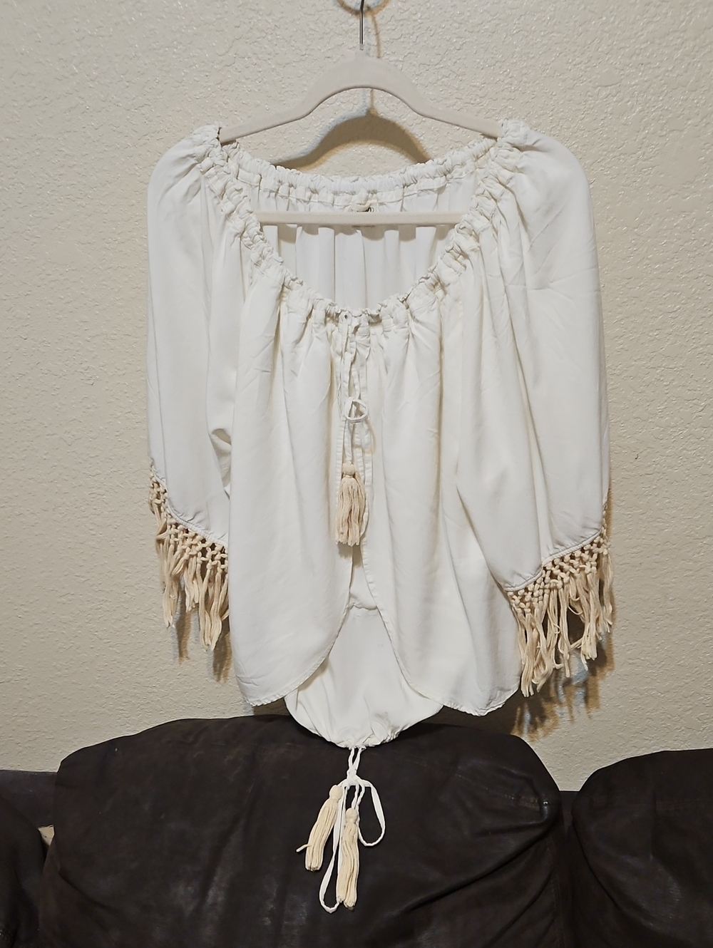 Off-Shoulder Fringe Peasant Blouse in White